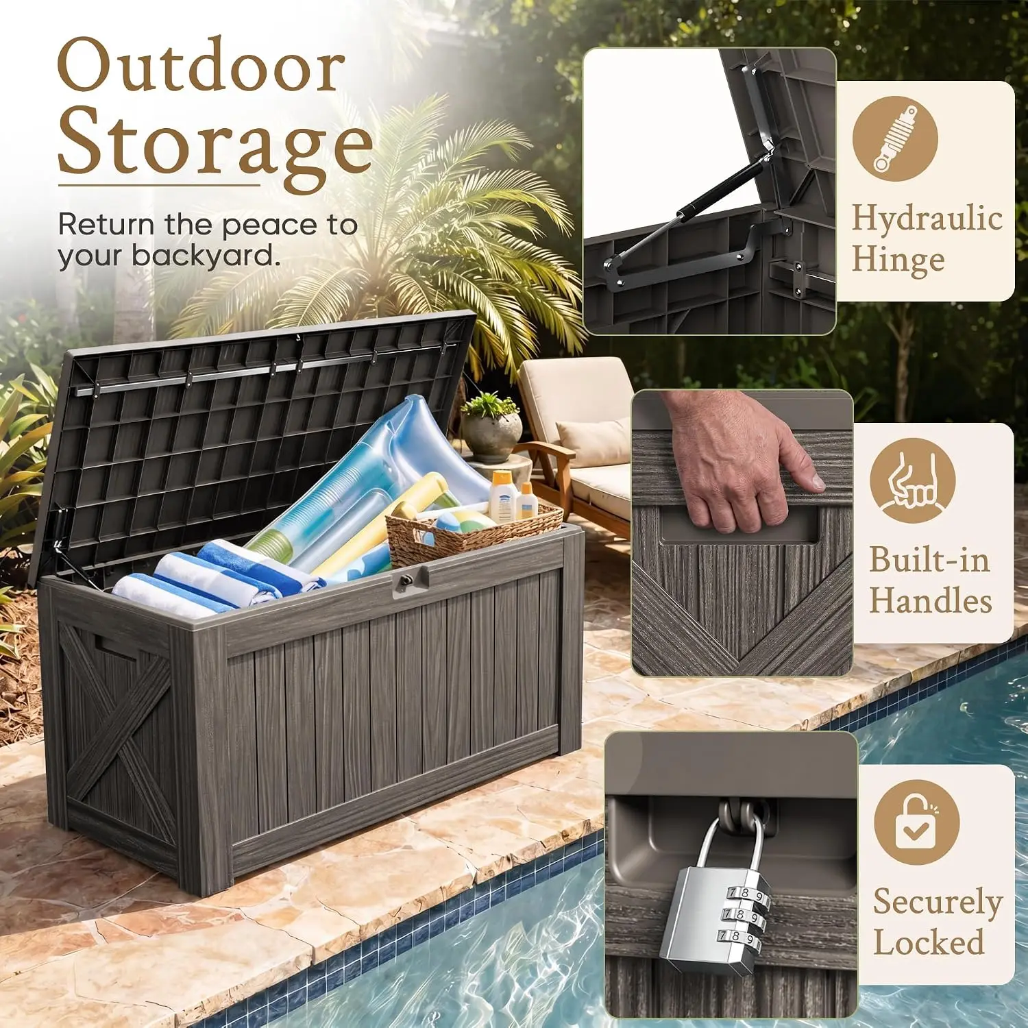 120 Gallon Large Deck Box Outdoor Storage Cabinet Waterproof Resin Storage Bench Lockable Yard Patio Organizer Frame For Lawn Cushion Pool Tools Furniture Natural Wood Grain