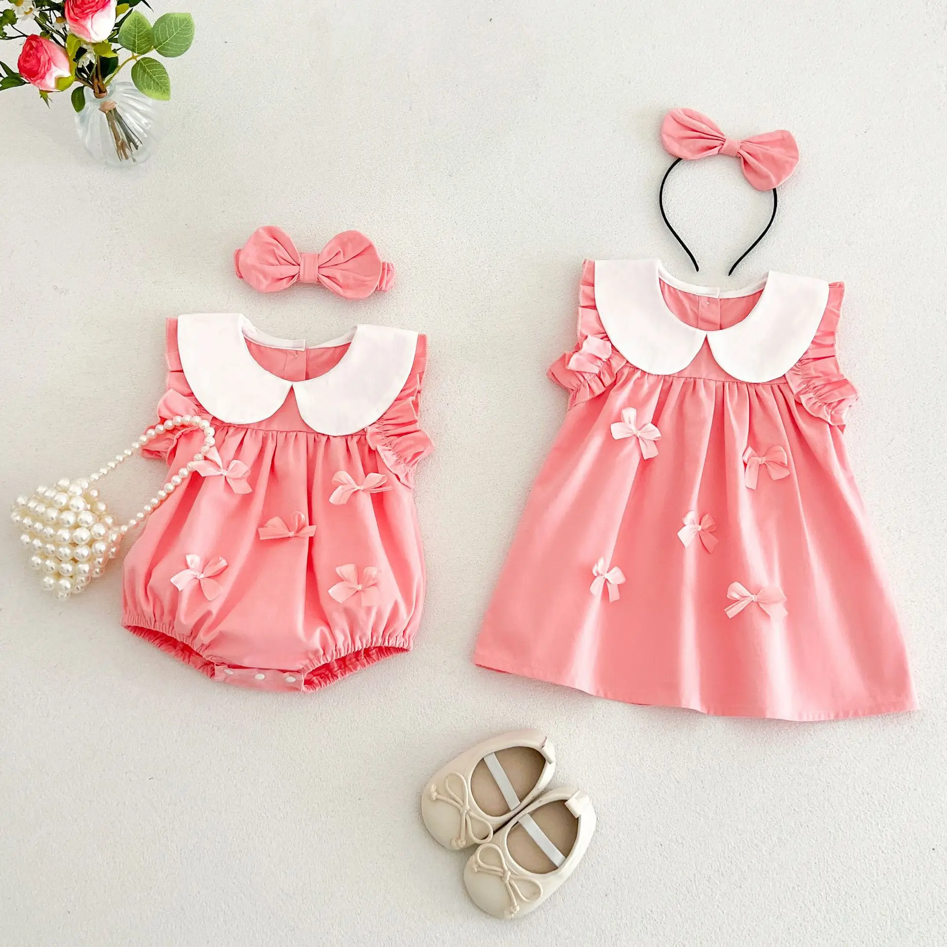 Girls Sisters Dress Summer Bow Sweet Cute Baby Neck Dress Baby Cute Casual One Piece Dress