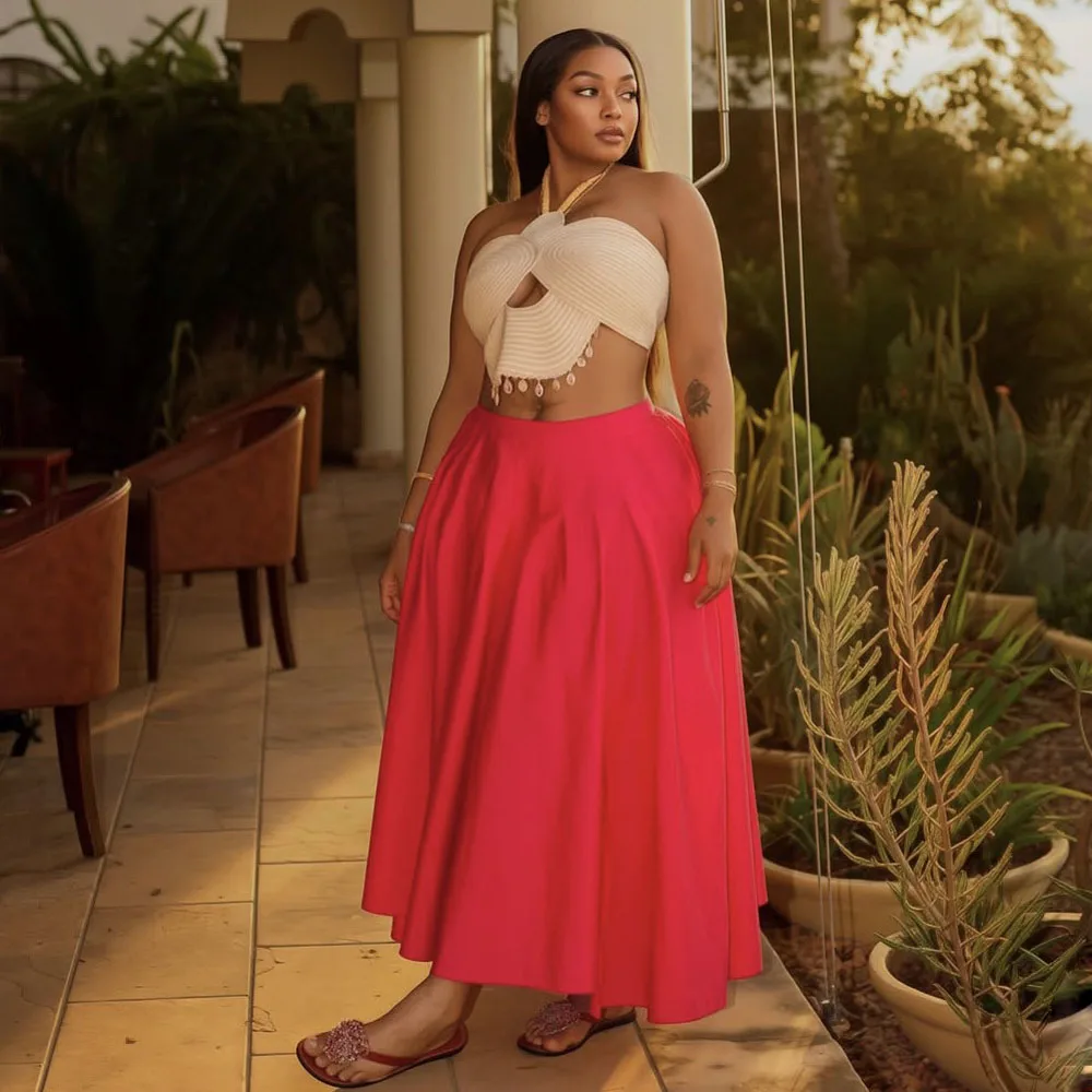 Rose Red Maxi Skirt For Women Without Top Pleats Ankle Length Spring Autuam Large Hem Satin Evening Party Skirt Birthday Wear