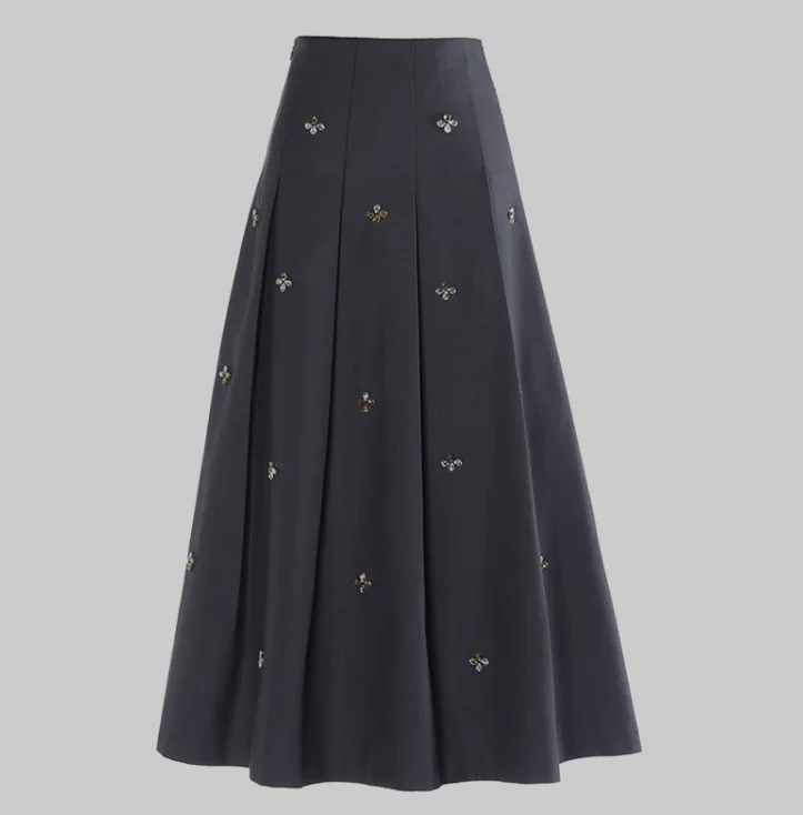 2024 Spring Women French Style Luxury Rhinestone Beading Lady High Quality Solid Long Pleated Skirt