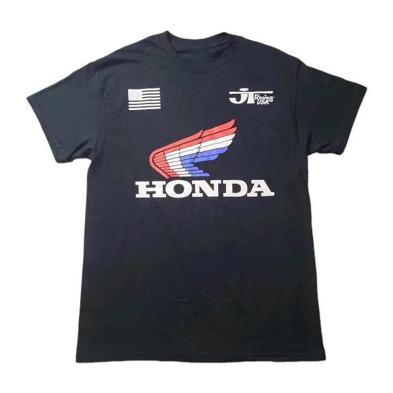 

2026 Honda Racing Flag Wing Pattern T-Shirt Black Summer Quick Drying Short Sleeved T-Shirt Men's And Women's 100% Cotton Top