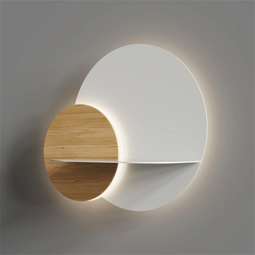 Nordic modern white storage shelf  circular wall lamps log wind lamp bedroom bedside study living room decorative sconces lights