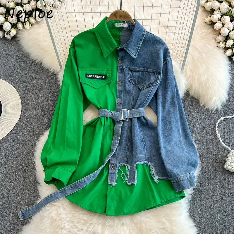 Neploe Vintage Hong Kong Style Denim Blouses Lapel Long Sleeve Slim Waist Contrast Color Shirt Casual Mid Length Blusa with Belt