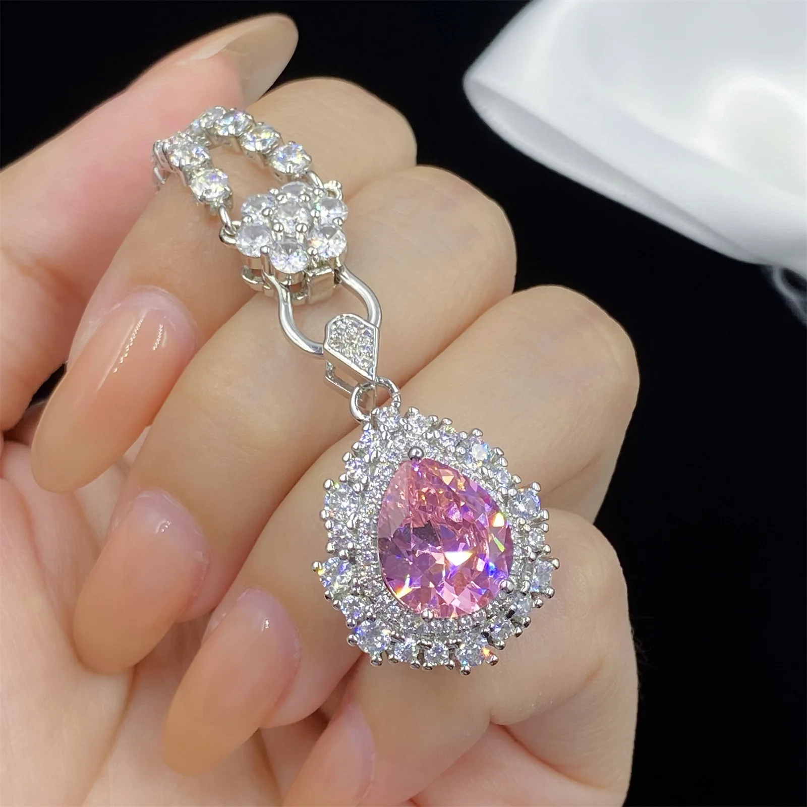 Romantic Genuine S925 Silver Sweet Pink Cubic Zirconia Delicate Necklace Ring Earring 3 Pieces Set for Women Girls Jewelry Set