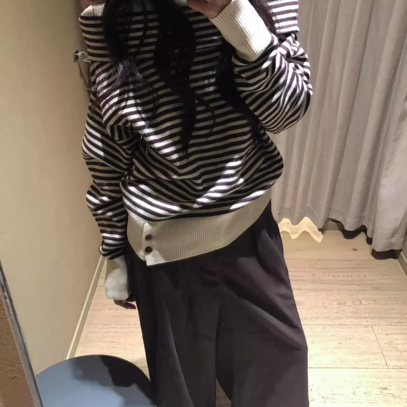

Deeptown Striped Vintage Women Sweaters Elegant Off Shoulder Long Sleeve Korean Fashion Knitted Pullovers Loose Casual Winter