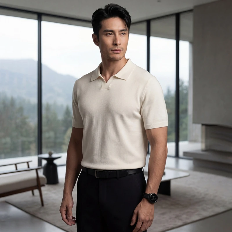 Men's 100% pure cashmere spun T-shirt 18 needle knitted vest solid color Tees loose seagull collar Tops trendy luxury brand