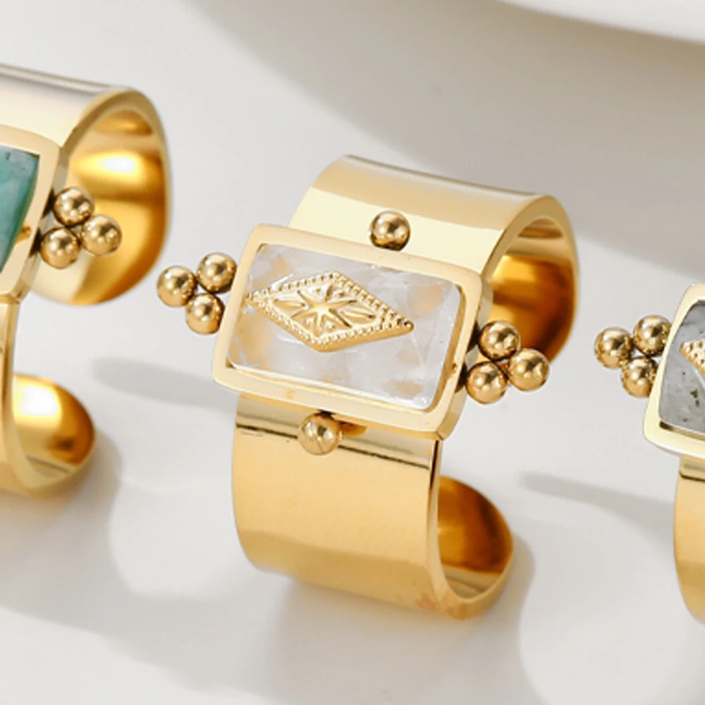 WILD & FREE 18K Gold Plated Stainless Steel Natural Stone Rings for Women Vintage Luxury Adjustable Wide Ring Waterproof Jewelry