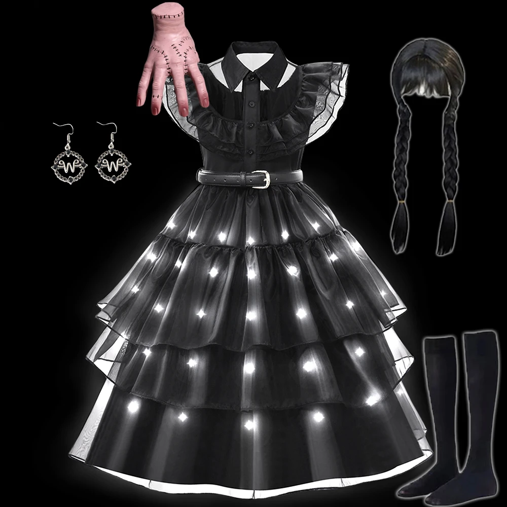 LED Light Up Girls Princess Dress Costume Halloween Disguise Outfits Kids Cosplay Gothic Black Fluffy Dress Stage Show