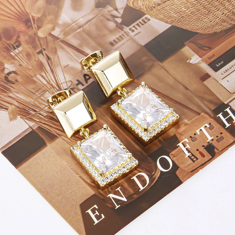 Princess Cut Moissanite Drop Earrings for Women Geometric Square Studs with CZ Copper Fashion Jewelry