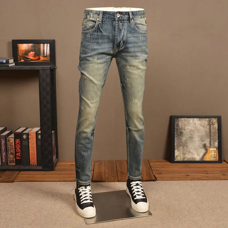 Italian Style Fashion Vintage Men Jeans High Quality Retro Washed Blue Stretch Slim Fit Ripped Jeans Men Designer Denim Pants