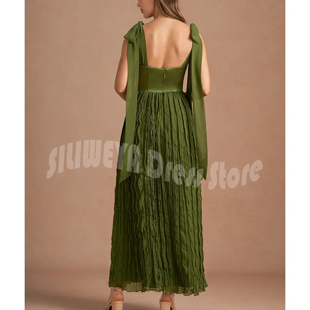 ชุดราตรีวินเทจสีเขียวโบว์ริบบิ้นสแควร์คอชุดแขนกุดข้อเท้าความยาวอย่างเป็นทางการแผนกต้อนรับ A-Line Gown