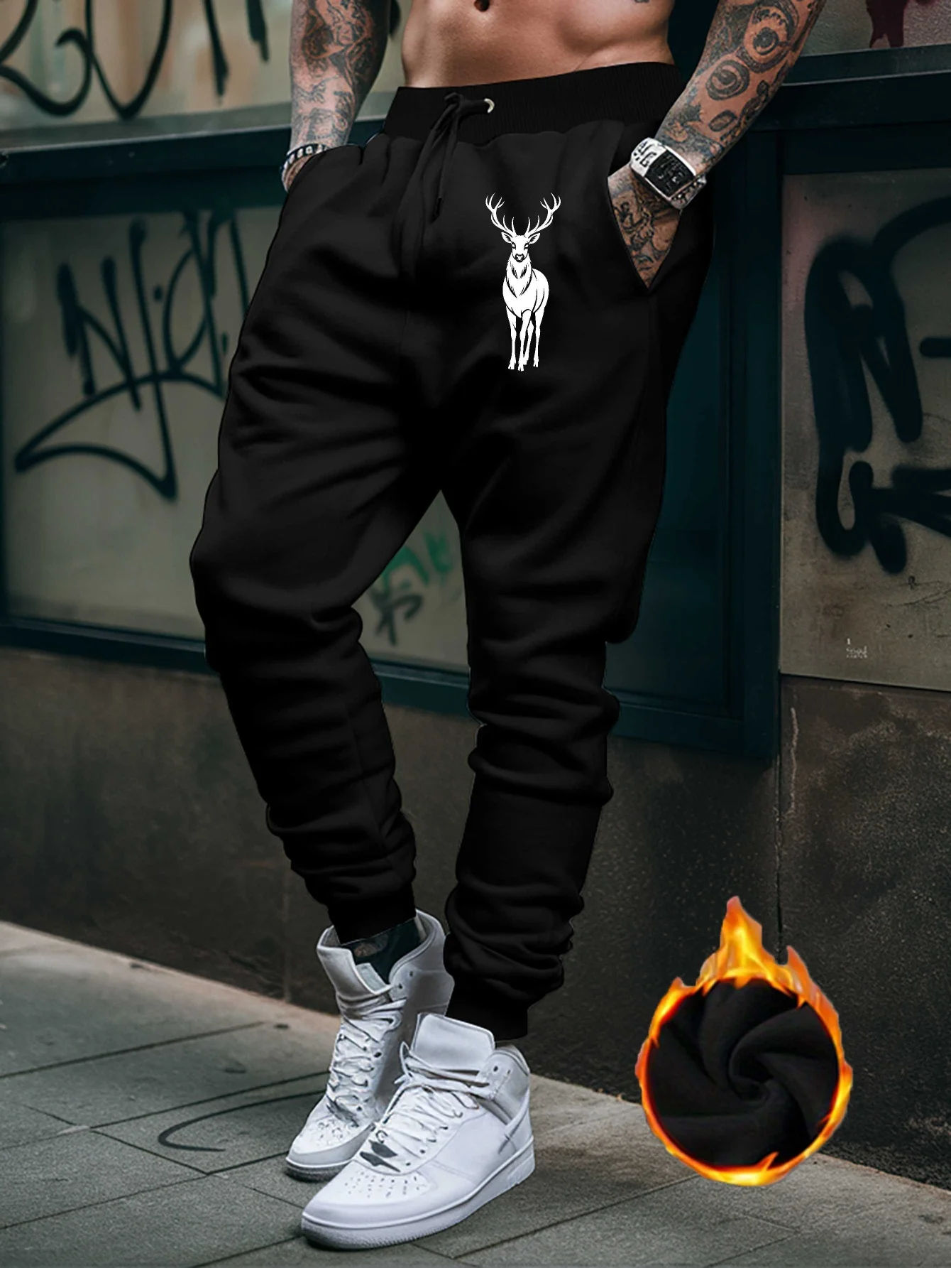 Nature‑styled noble stag deer outline artwork print graphic relaxed loose sweatpants men hip hop sports casual jogger pants
