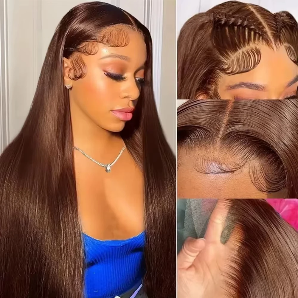 

22-34 Inch Chocolate Brown Straight Human Hair Glueless Wigs 200 Density 13x4 13x6 Lace Frontal Wig For Women