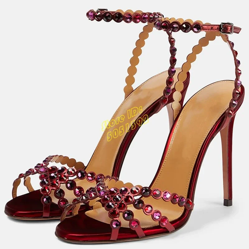 Burgundy Open Toe Stiletto Sandals Heels Ankle Strap Rhinestone Corss Strap Crystal Fashion 2024 Summer Women Dress Sandals