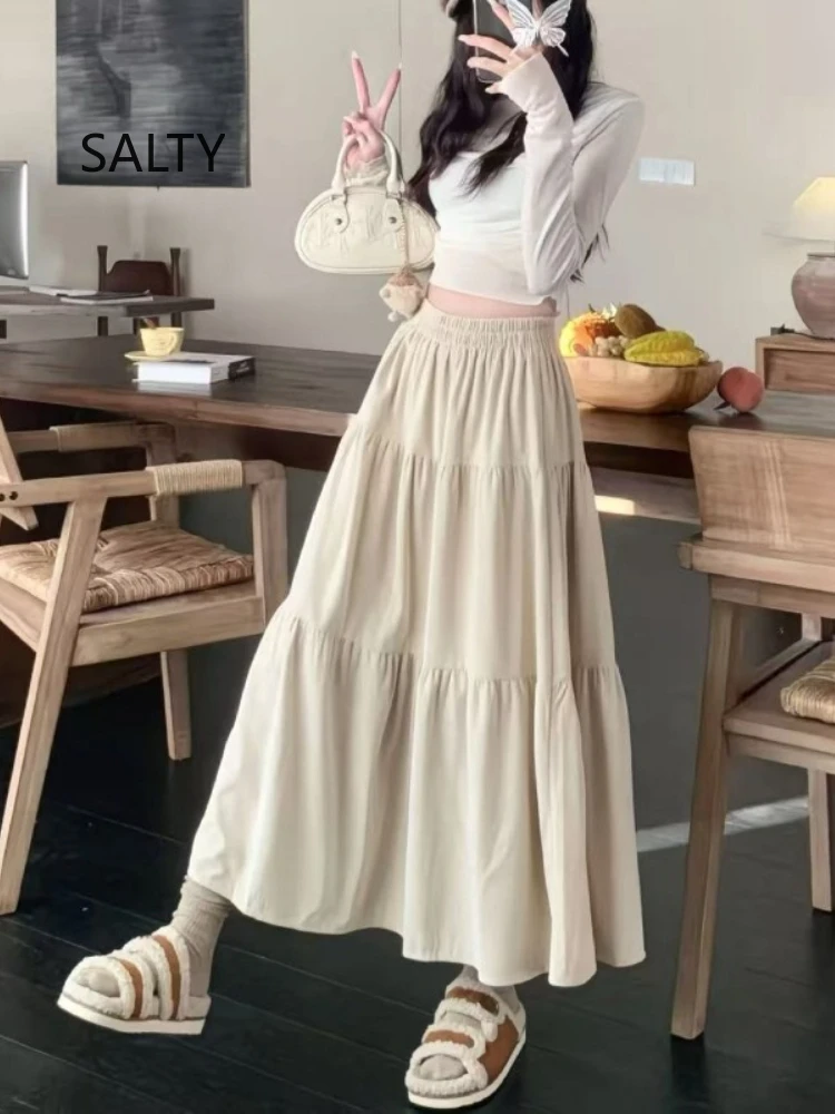 

2026 New Skirt Woman Korean Solid Cake Women's Elastic Waist Mid-length Skirts