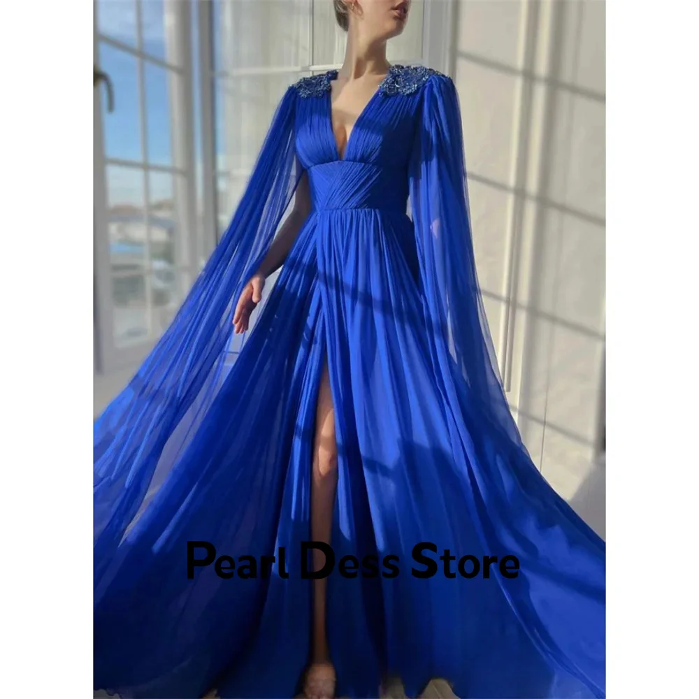 

Blue ball dress V-neck backless high side slit chiffon long ball dress