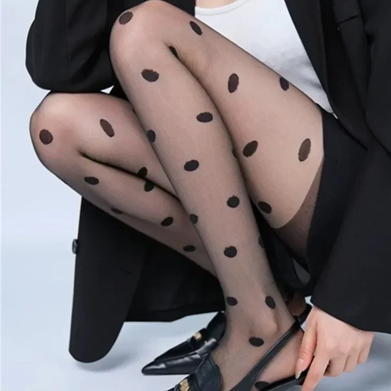 ผู้หญิงเซ็กซี่ Dot พิมพ์ถุงน่อง Pantyhose Tights ไม่มีรอยต่อ Fishnet ตาข่ายไนลอนไนท์คลับสีดําหญิงสุภาพสตรีผ้าไหม Tights