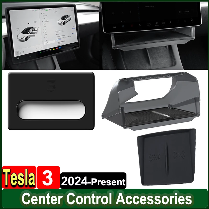 

For Tesla Model 3 Highland 2024 Under-Screen Hidden Storage Organizer Box Center Console Screen Protect Trim Charging Pad Mat