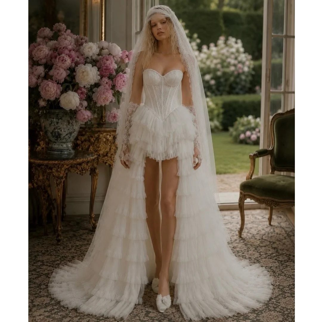 High Low Ruffles Wedding Dresses Bustier Corset Lace Bridal Gown Elegant Layers robe de mariée Customized