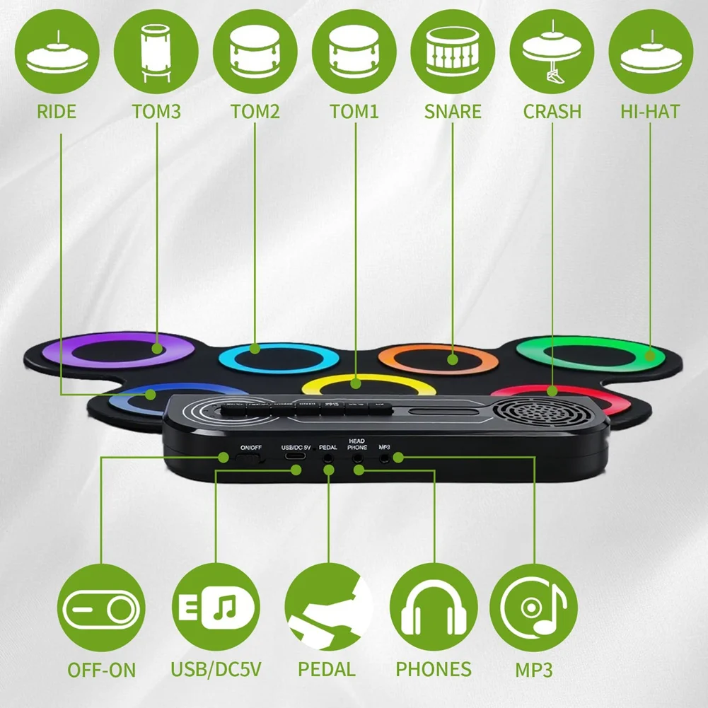 مجموعة أدوات الطبول الكهربائية FFYY، مكبر صوت مدمج، آلة طبلة قابلة للطي للأطفال مع دواسات قدم، أعواد طبلة متعددة الألوان والأسود