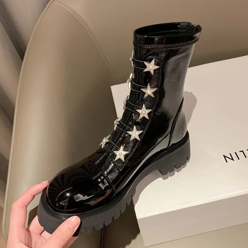 Ankle Boots Women Patent Leather Velvet Inside Star Rhinestone Designer Shoes for Women Zipper Thick Soled Mid-Tube Modern Boots