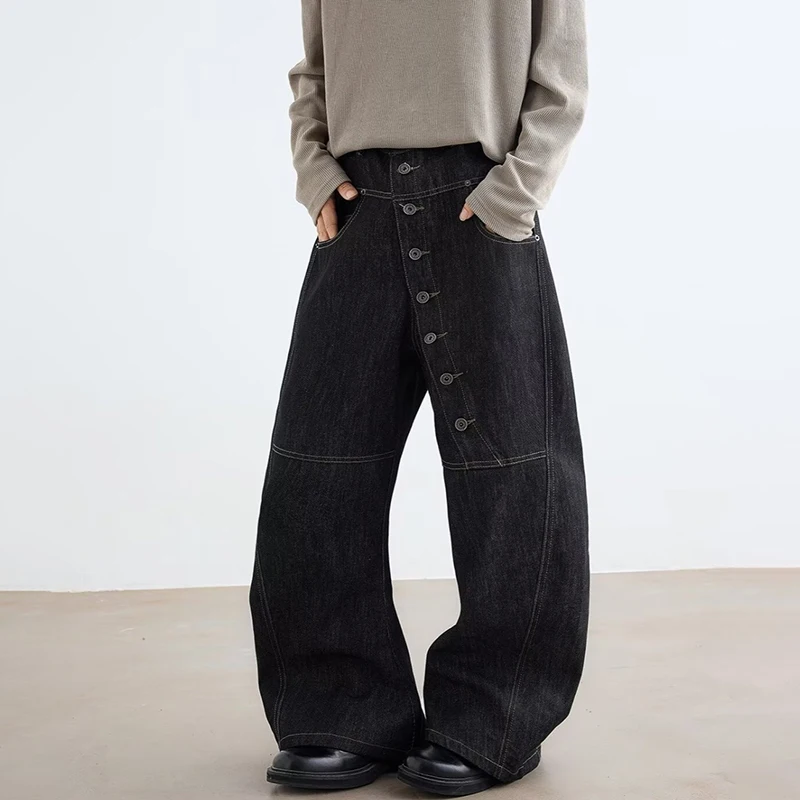 LUZHEN 2025 New Original Buttoned Decorate Asymmetric Design Straight Denim Pants Men's Fashion Handsome Loose Male Jeans JY3657