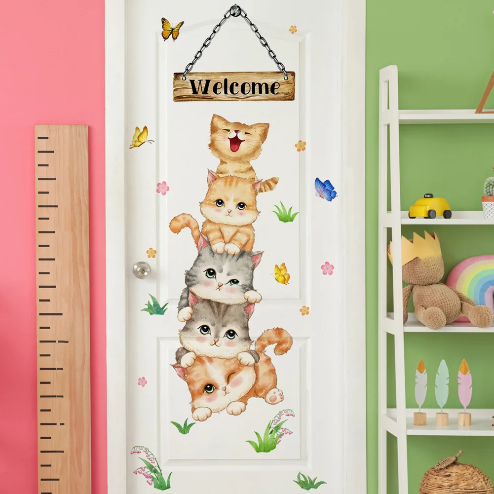 Autocollant Mural de bienvenue à cinq chats, papier peint auto-adhésif, décoration de porte de chambre d\'enfant, décoration de maison