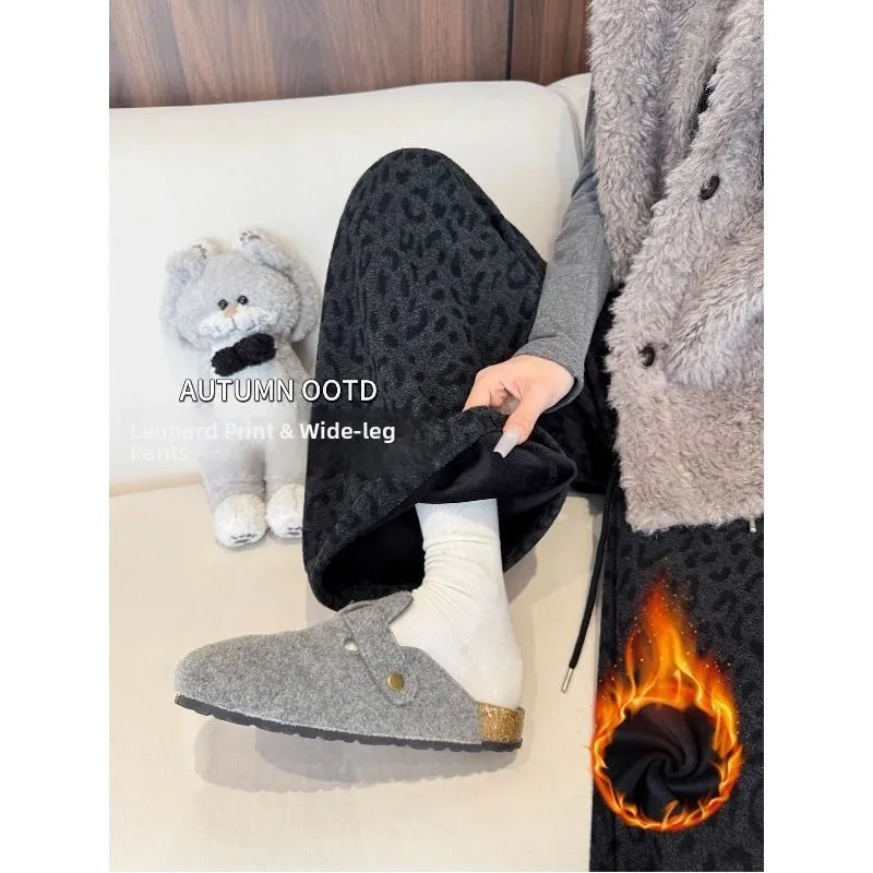 2025 New American Retro Leopard Print Wide Leg Pants High Waist Slimming Loose Casual Straight Floor-Length Trousers for Women