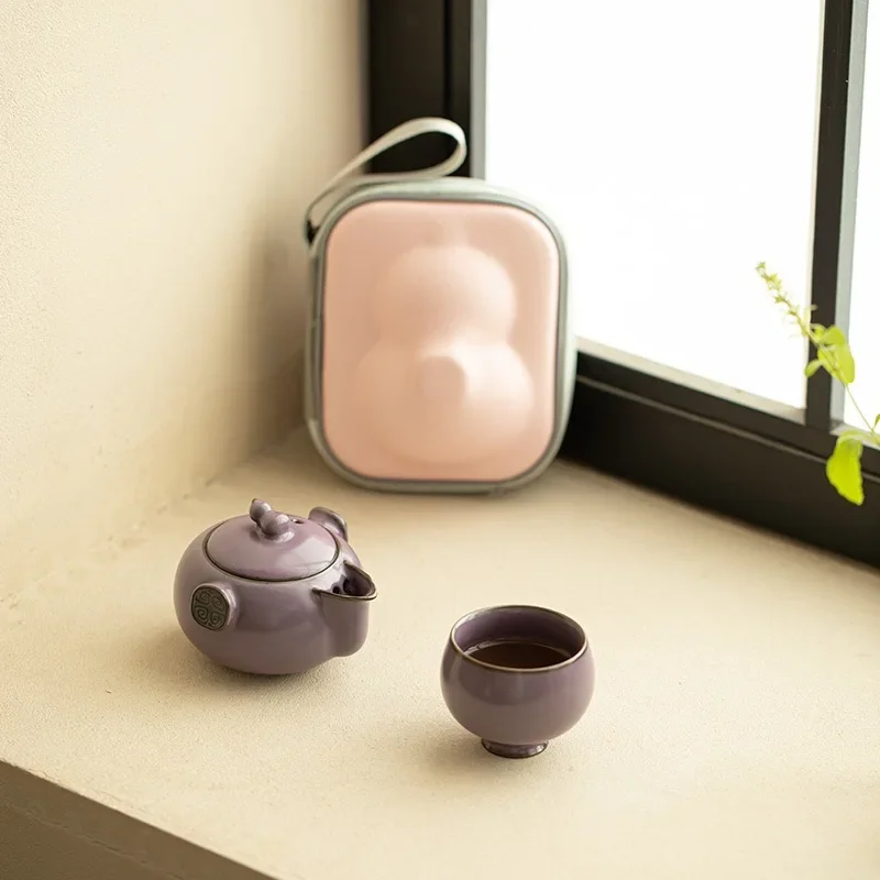 Jingdezhen Purple Gourd Teapot Teacup Outdoor Ceramic Travel TeaSet Portable Picnic Express Cup Camping 1Pot 1Cup Set Decoration