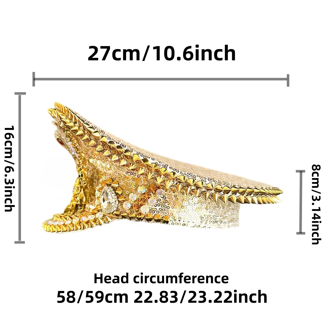 HongLuan Gelber Laser-Leder-Loop-Kapitänshut mit Strasssteinen und Militärkappen für Damen, Rave-Festivals-Accessoires und Partymütze für Herren