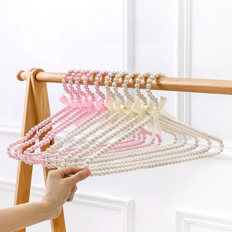 1/5pcs Fake Pearl Design Clothes Hanger with Bow Knot Clothes Rack Non-slip Plastic Shop Display Faux Pearl Rack Home Accessory