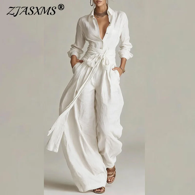 Vintage Zweiteiler mit hoher Taille und Gürtel, Langarm-Hemd mit Knöpfen und Revers und weit geschnittene Hose, Damen-Outfit, Frühlings-Urlaubsanzug