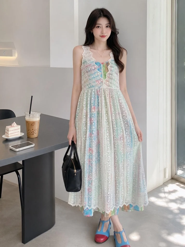 Retro Heavy Embroidery Lace Overlap Vest Skirt Summer Mid-Length Cover-Up Floral Strap Dress Holiday Style Women's Set