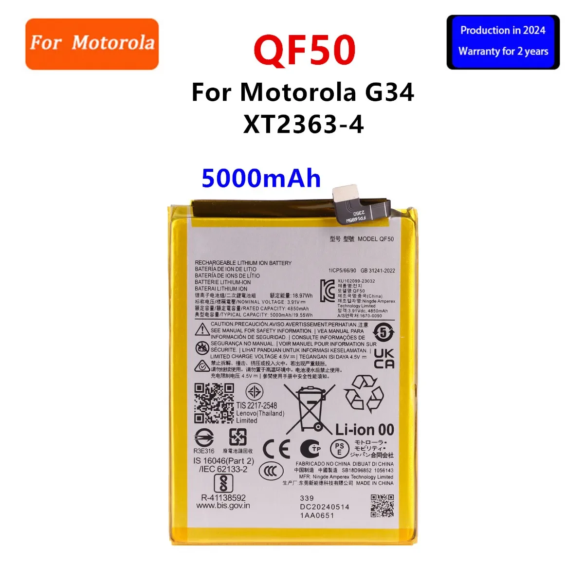 Brand New QF50 5000mAh Battery For Motorola moto G34 XT2363-4  Mobile phone Batteries