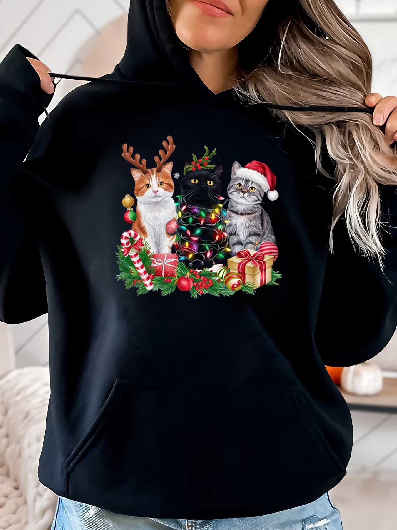 

Cats with Christmas Decorations Holiday Print Hoodie Women Casual Wear Winter Season Black Plus-Size