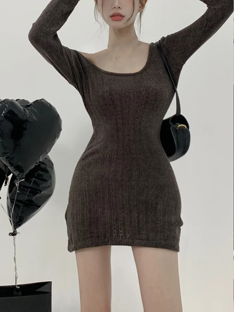 Long Sleeve Knitted Dress Women Elegant Bodycon Mini Dress Sexy Pure Color Short Party Dress Korean Fashion Clothing Autumn 2022