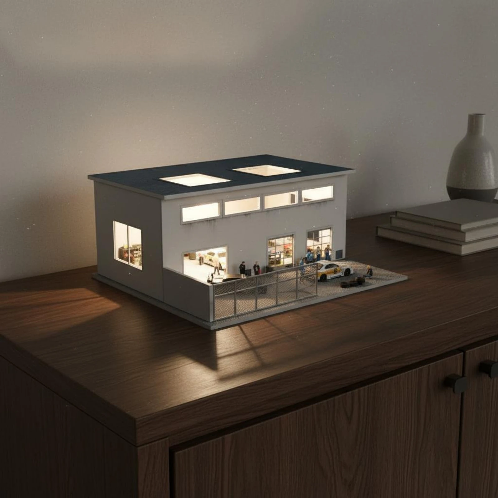 Miniature Factory Display Model Built-in Lighting Factory Building Model Industrial Building Model Blue Roof Garage Doors view 2