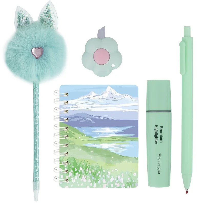 

Set of 5 Fluffy Bunny Ballpoint Pens with Rhinestones Mini Notebook Easy Pen Highlighter Mini Pocket Knife Portable
