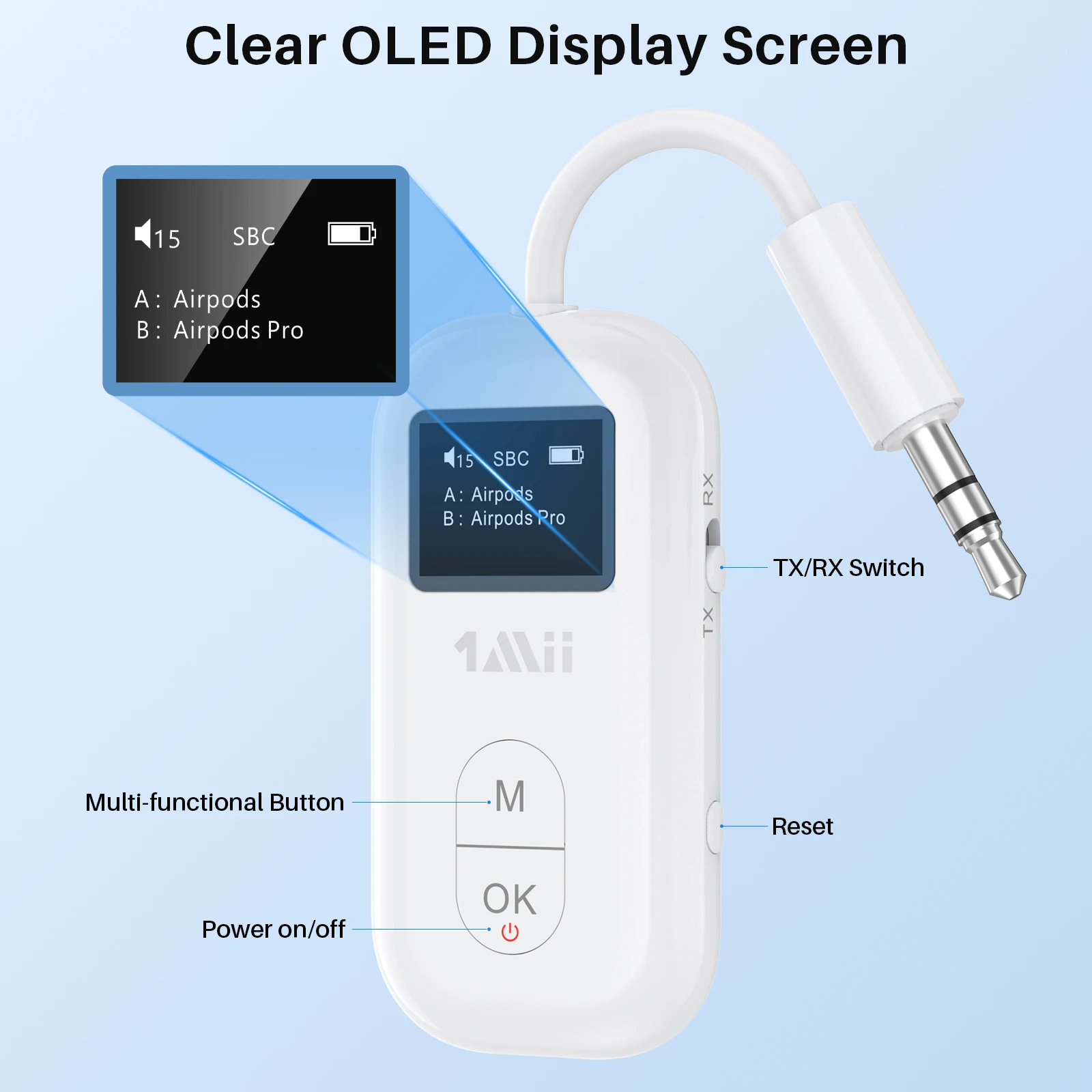 1Mii Airplane 3.5mm AUX Bluetooth Adapter With Aptx-LL/HD & Adaptive Bluetooth 5.2 Wireless Audio Transmitter and Receiver