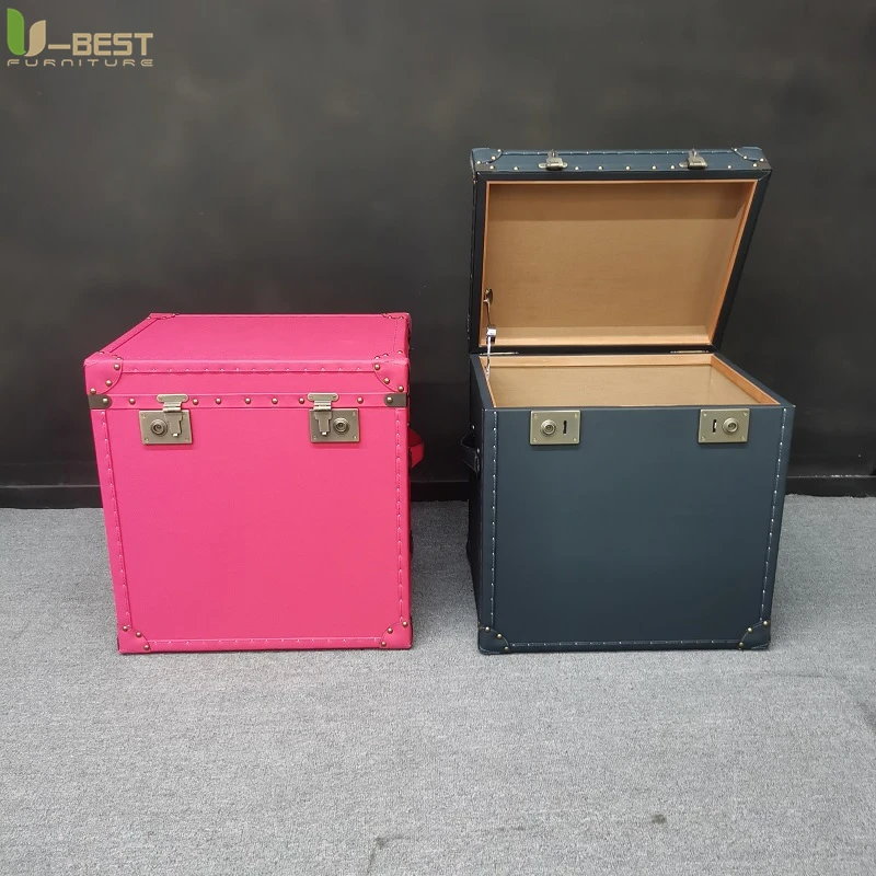 U-best Coffee Shop Leather Chest Center Table Drawers Canvas Storage American Vintage Leather Storage Trunk Steamer Side Table