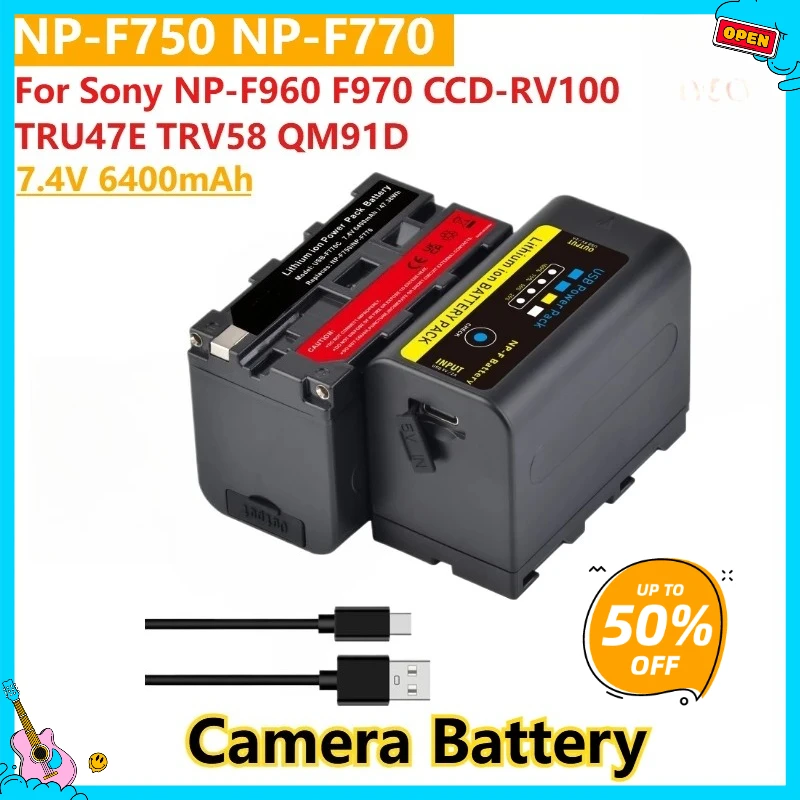 

6400mAh NP-F750 NP-F770 Battery For Sony NP-F960 F970 CCD-RV100 TRU47E TRV58 QM91D Camera with Built-in Type-C Fast Charge Port