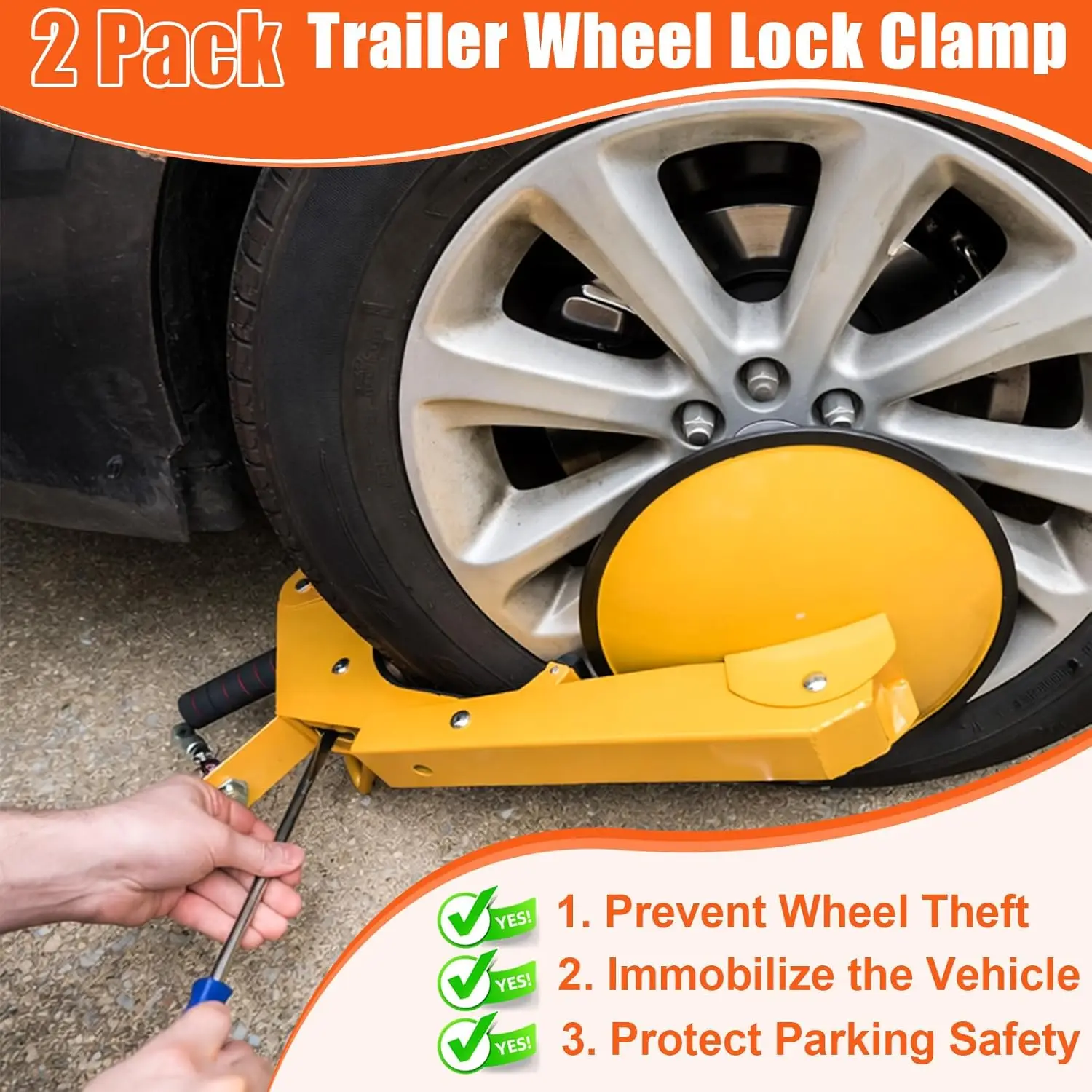 2-Pack Heavy-Duty Adjustable Trailer Wheel Lock Clamp for RV, Boat, Truck Security