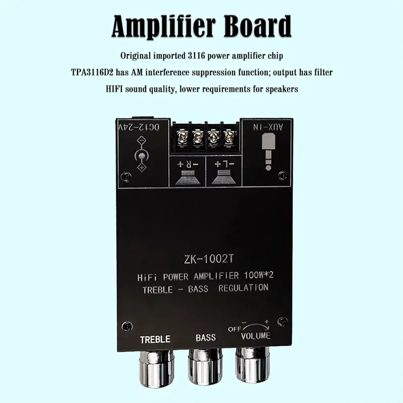 

A25P ZK-1002T Bluetooth-Compatible Amplifier HIFI 2.0 Channel 100Wx2 Audio Module Adjustment Subwoofer Amplifier Board