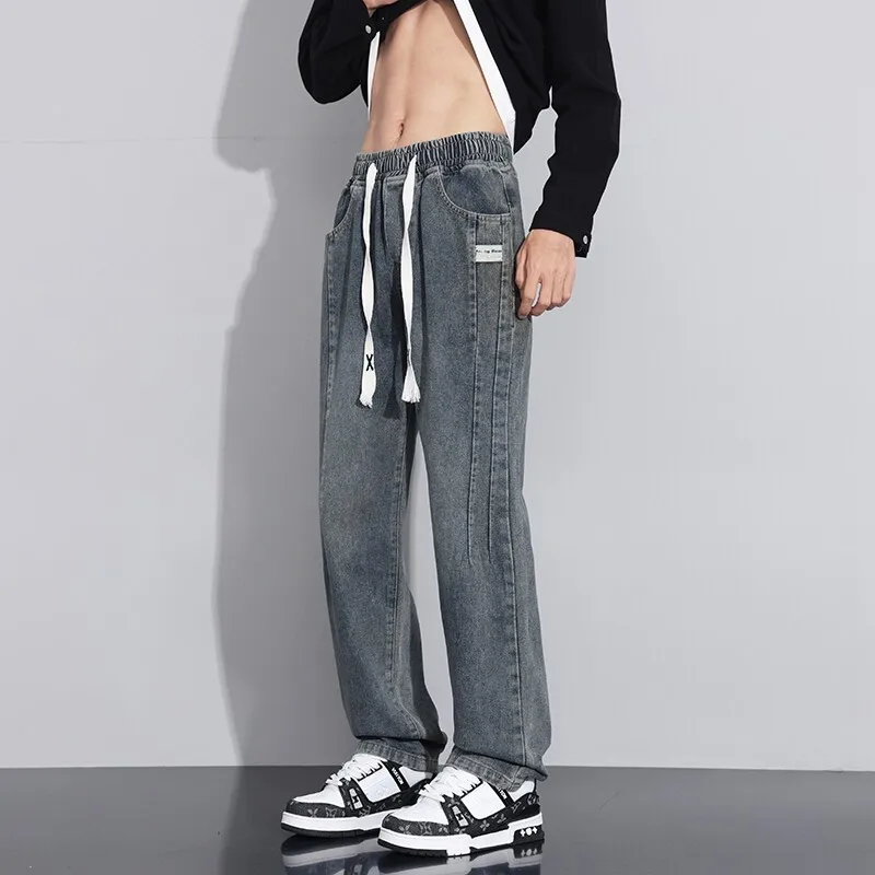 

High Street Wear, мужские повседневные хлопковые джинсовые брюки, весенне-осенние свободные прямые джинсы в стиле ретро, молодежные брюки с эластичной резинкой на талии на шнурке