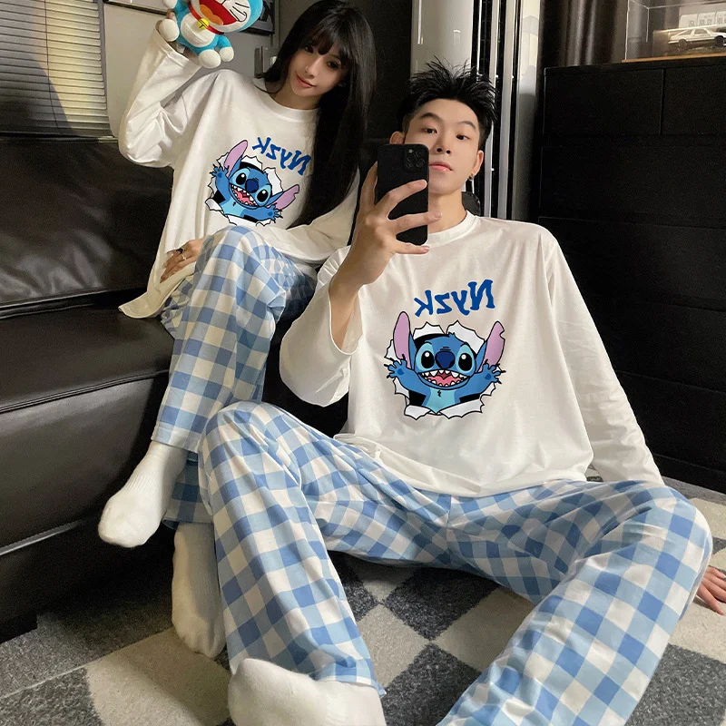 Disney Stitch spring and autumn new combed cotton couple pajamas cute cartoon casual Mickey loungewear set