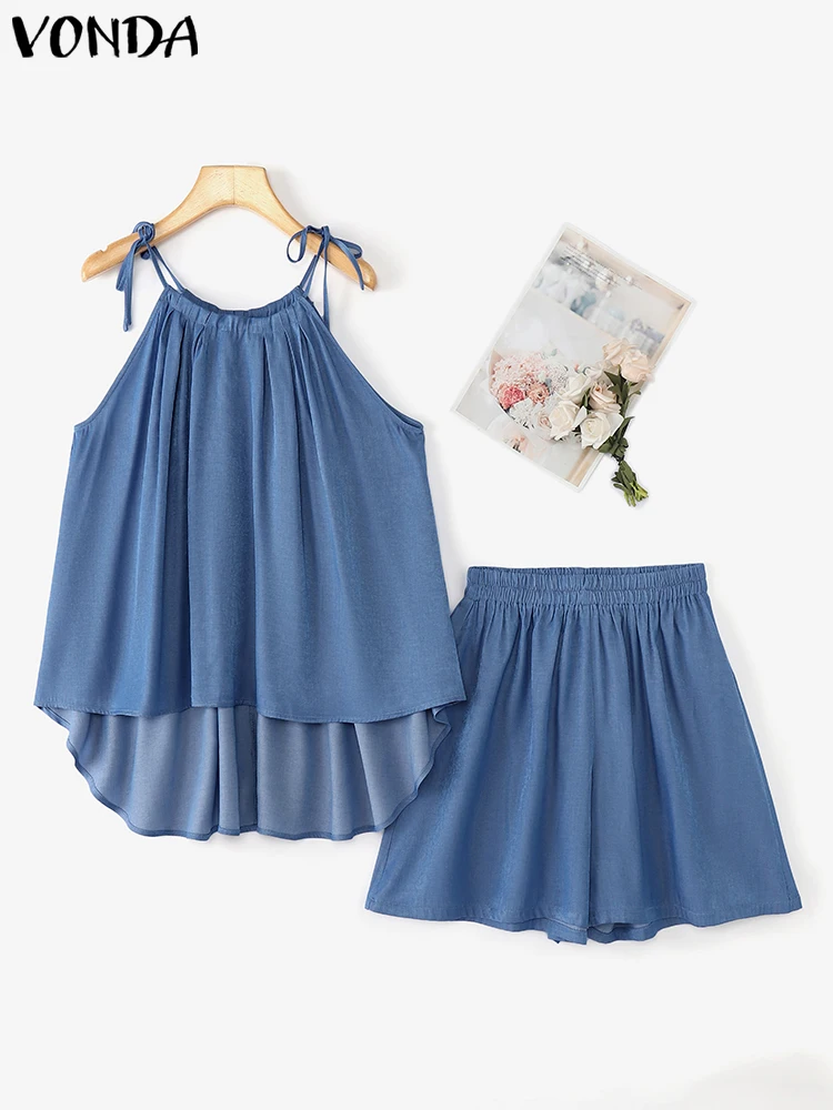 

VONDA Women Short Matching Sets Solid Color Sleeveless Outfits 2025 Female Top Shorts Sets Casual Loose Two-piece Sets Oversized