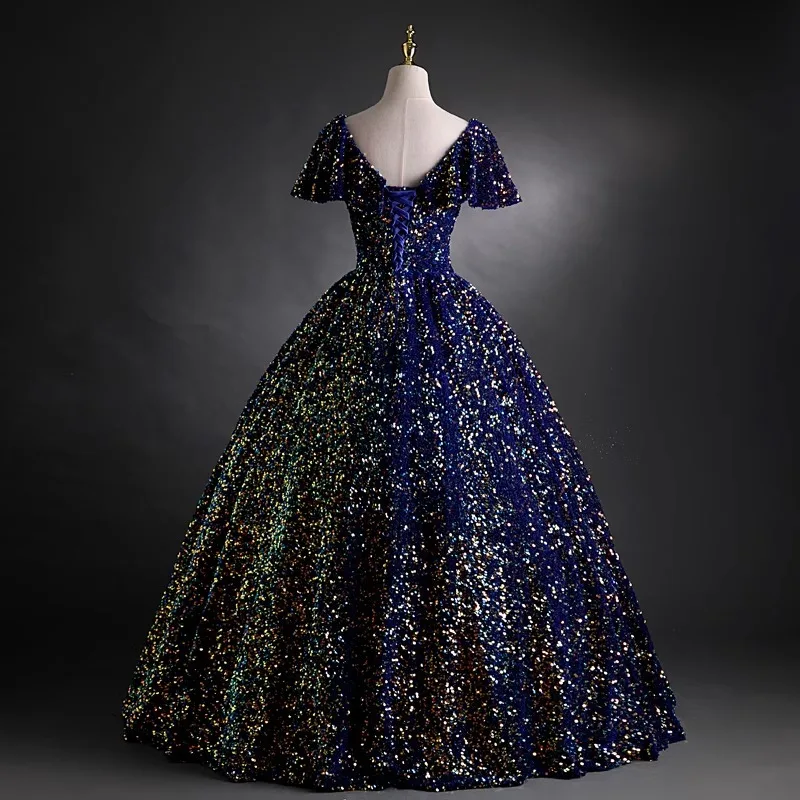 التدرج السماء المرصعة بالنجوم بريق الصوتية الفن امتحان الأداء فستان جديد حزام سولو الغناء منتفخ تنورة المضيف الاجتماع السنوي نخب فستان