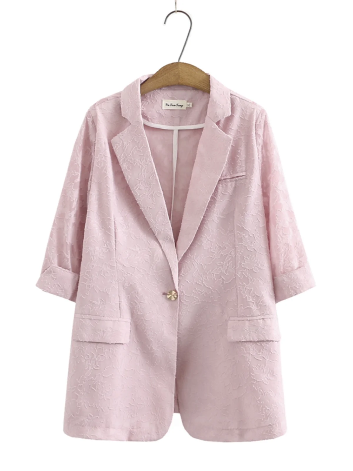 Summer Korean Style plus Size Women's Casual Top Fashion Slim Fit Suit Collar One Button Lace Seven Sleeve Suit Straight Tube