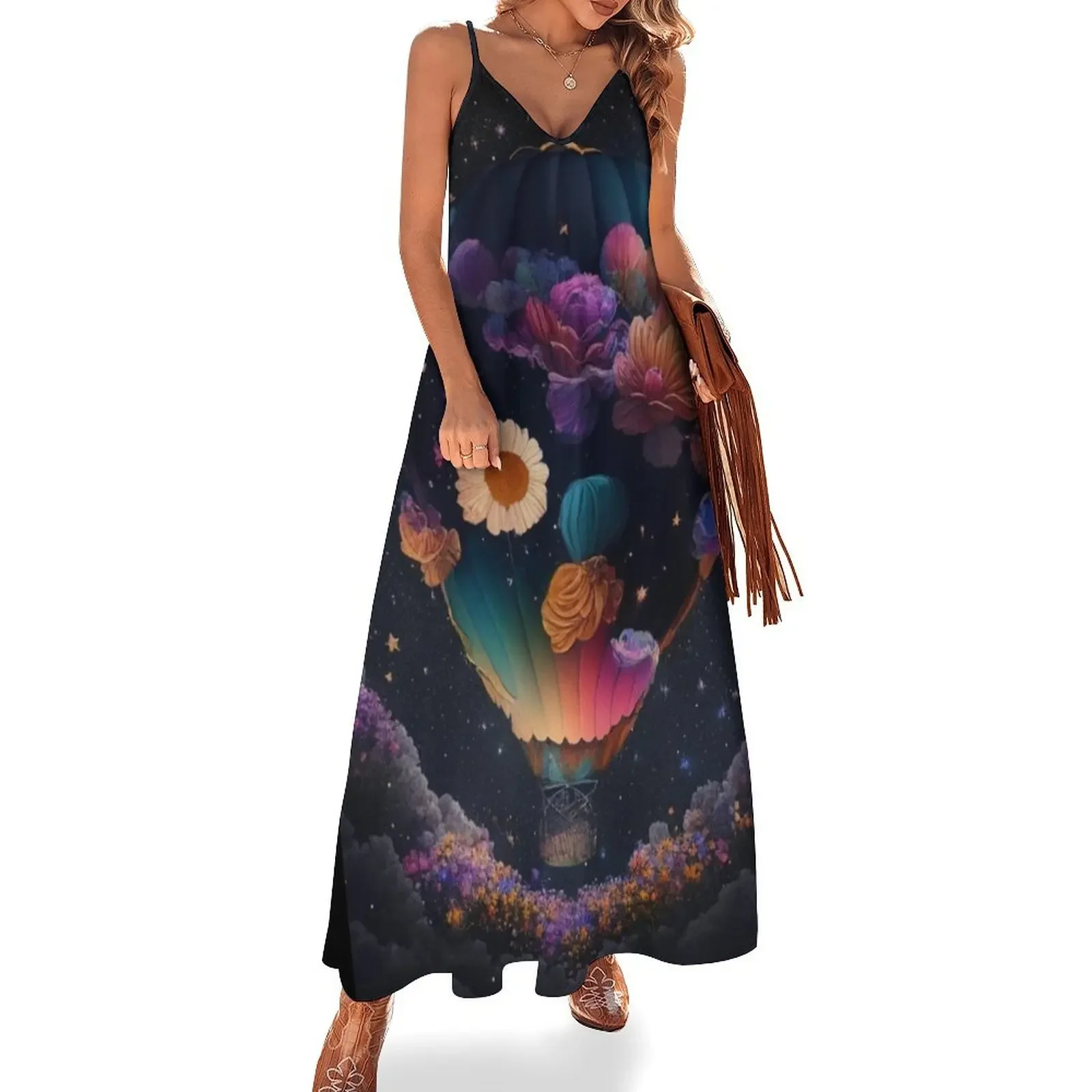 

Colorful Hot Air Balloon Made of Flowers in the Colorful Night Sky 3 Sleeveless Dress Dresses for wedding party Dress woman