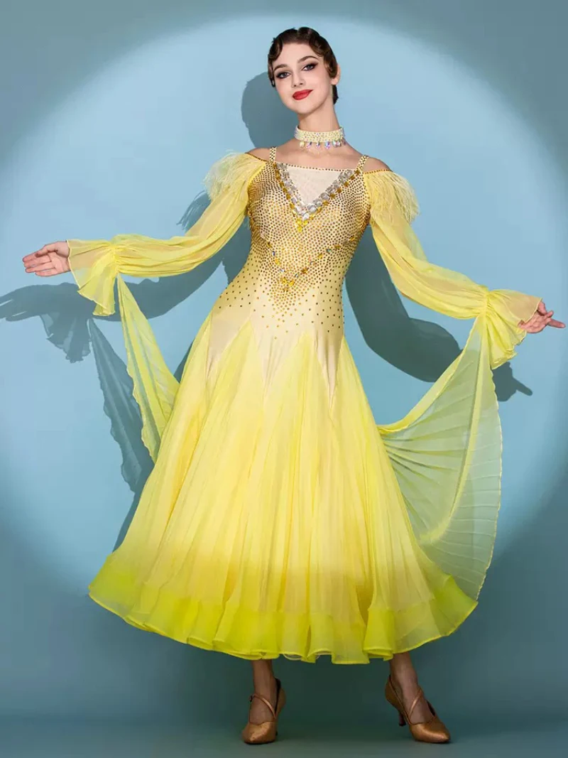 

Standard Ballroom Dance Dress Adult New Style Yellow Waltz Dancing Costume Women Shining Ballroom Competition Dance Dresses